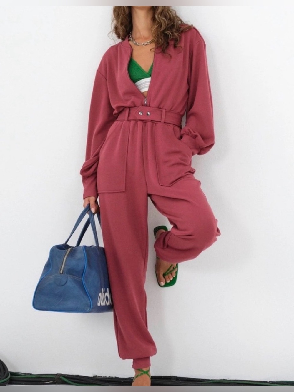 For Love & Lemons Cinched Belted Jumpsuit Medium Berry Lounge Sporty Chic Retro